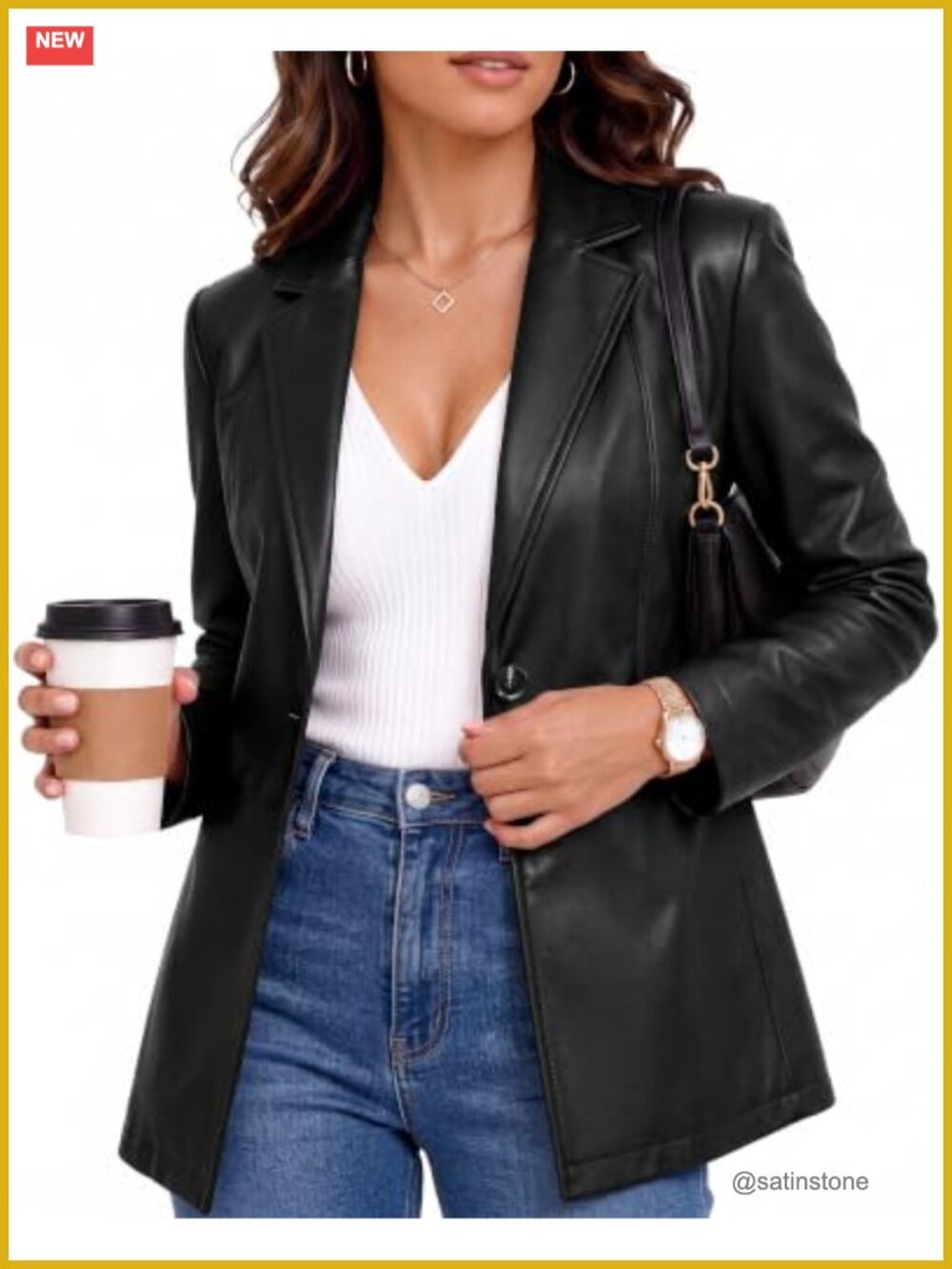 Women's Faux Leather Blazer Jacket Lightly Fitted Long Sleeve Business Casual